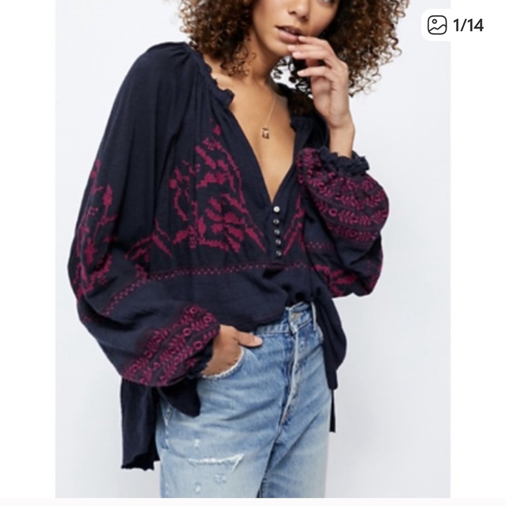 Free People Persuasion Oversize Embroidered Boho Tunic Top Dark Blue Size S